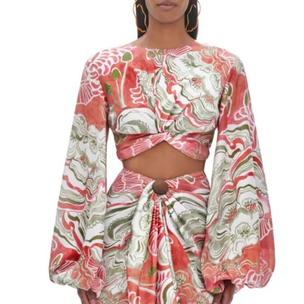 Andrea Iyamah Long Sleeve Coral and Olive Patterned Blouse NEW